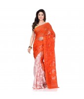Bengal Handloom Tant Soft Dhakai Jamdani Cotton Saree Whole Body Design (Orange White)